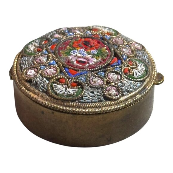 FAP Antique Rare Fabbrica Angelo Pessar Micro Mosaic Glas Trinket Pill Box Brass - Picture 8 of 8